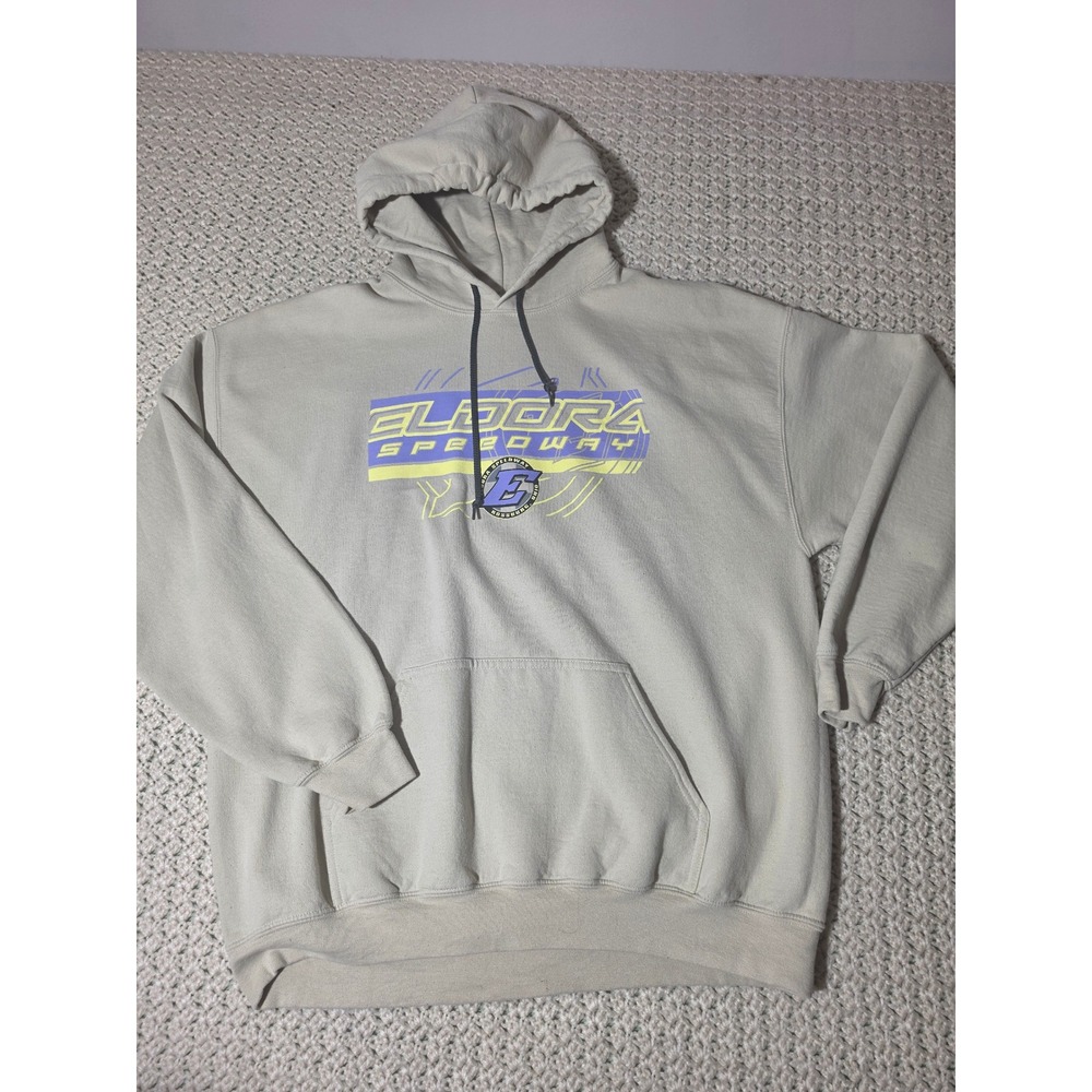 Gildan Eldora Speedway Hoodie Mens XL Sand Excellent Racing Graphic Sweatshirt